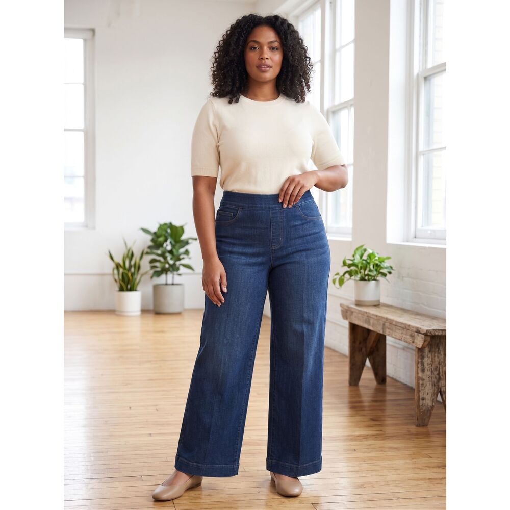👖 SPANX High Waist Wide Leg Denim Jeans Blue Stretch XL Minimalist